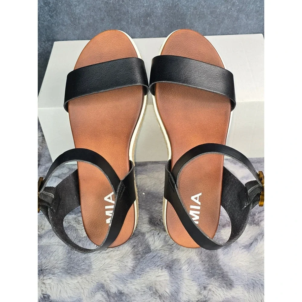NEW MIA Kiera Platform Wedge Sandals Black Espadrille Ankle Strap Women Size 7